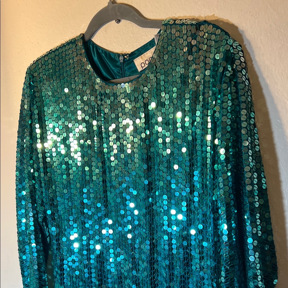 80s Vintage Teal Sequin Long Sleeve MIDI Dress with Peplum Large - Picture 3 of 9